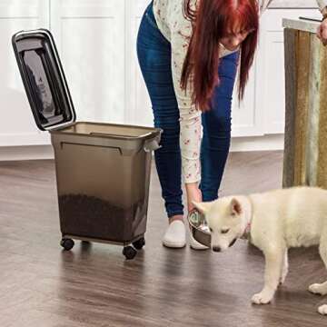 IRIS USA WeatherPro Airtight Dog Food Storage Container, Up to 22 lbs, Attachable Wheels, For Dog Ca...