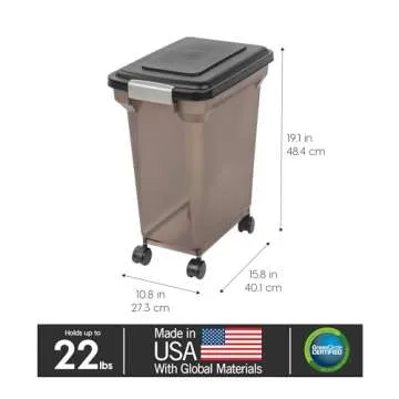 IRIS USA WeatherPro Airtight Dog Food Storage Container, Up to 22 lbs, Attachable Wheels, For Dog Cat Bird and Other Pet Food Storage Bin, Keep Fresh, Easy Mobility, BPA Free, Smoke