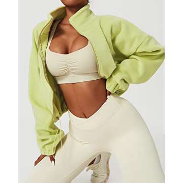 QINSEN Full Zip Fleece Jacket for Women Active Winter Warm Crop Sweatshirt Drawstring Fit Coat Lime Green M