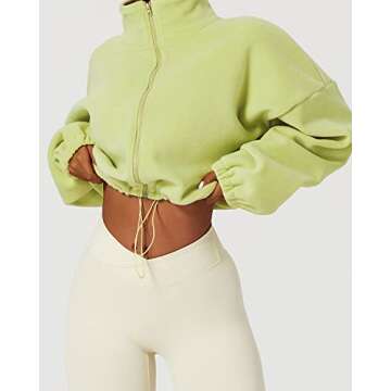 QINSEN Full Zip Fleece Jacket for Women Active Winter Warm Crop Sweatshirt Drawstring Fit Coat Lime Green M