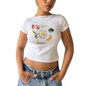 Graphic Baby Tees for Women Y2K Tops Teen Girls Fruit Print Crop Tops Coastal Summer Clothes Vintage...