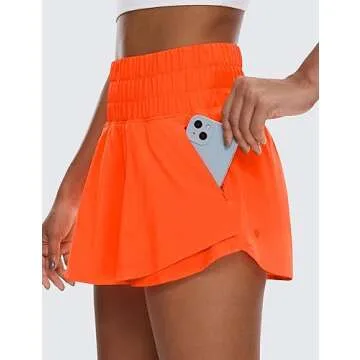 CRZ YOGA Athletic Shorts for Women High Waisted Flowy Ruffle Skirt Overlay for Workout Running Tennis with Zip Pocket Neon Orange Medium