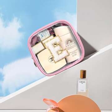 LETGO Initial Travel Essentials Makeup Bag, Make Up Bag Skin Care Clear Toiletry Bag Pouch Cosmetic Bag Case Mini Makeup Bag Personalized Birthday Gifts for Women Teacher Mom Teen Friends (Pink, E)