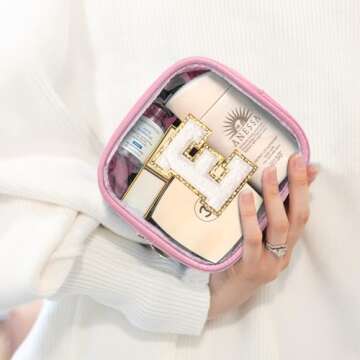 LETGO Initial Travel Essentials Makeup Bag, Make Up Bag Skin Care Clear Toiletry Bag Pouch Cosmetic Bag Case Mini Makeup Bag Personalized Birthday Gifts for Women Teacher Mom Teen Friends (Pink, E)