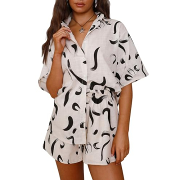 PRETTYGARDEN Women Summer 2 Piece Beach Outfits Printed Short Sleeve Tops Lounge Shorts Casual Track...