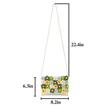 Ayliss Women's Handwoven Crossbody Handbag Small Summer Beach Shoulder Handbag Woven Cotton Crochet Cute Flower Purse Bag (Rectangle White)