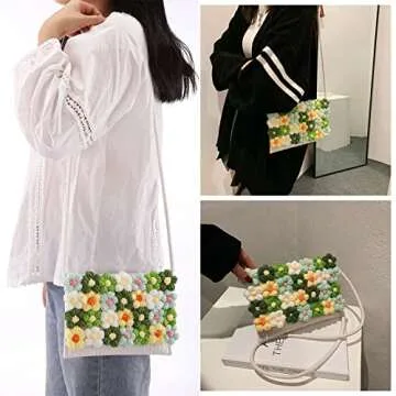 Ayliss Women's Handwoven Crossbody Handbag Small Summer Beach Shoulder Handbag Woven Cotton Crochet Cute Flower Purse Bag (Rectangle White)