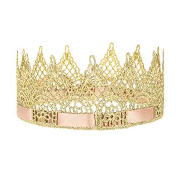 June Bloomy Girls Golden Lace Crown with Adjustable Ribbon Birthday Party Queen Gold Headband (Style B)