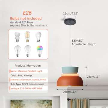 Qufute Mid Century Modern Ceiling Pendant Light, Orange Navy 2 Colors Barn Macaron Shade, Aluminum N...