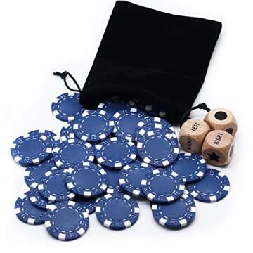 Bilywey Upgrade Left Right Center Dice Game Set with 3Pcs Beech Wood Dices + 36Pcs 11.5g Poker Chips (Blue)