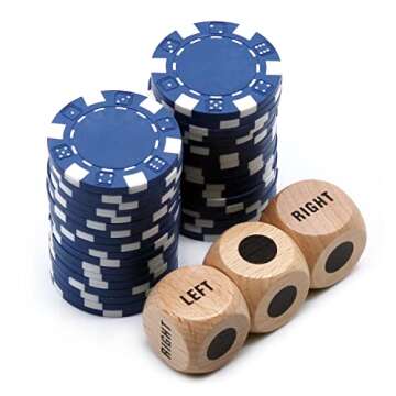 Bilywey Upgrade Left Right Center Dice Game Set with 3Pcs Beech Wood Dices + 36Pcs 11.5g Poker Chips (Blue)