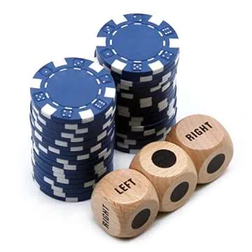 Bilywey Upgrade Left Right Center Dice Game Set with 3Pcs Beech Wood Dices + 36Pcs 11.5g Poker Chips (Blue)