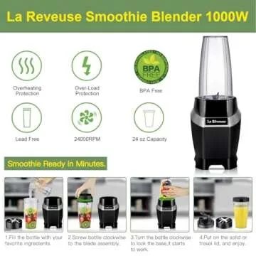 La Reveuse Personal Blender for Shakes and Smoothies 1000 Watts with 24 oz BPA-Free Portable Travel Bottle,Dishwasher Safe (Black)