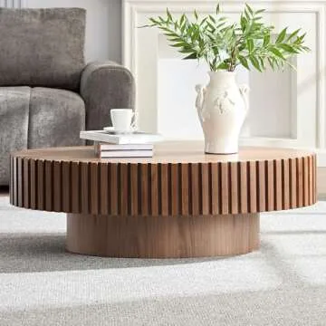 43.7'' Round Coffee Table for Living Room,Modern Handcraft Drum Coffee Table Wood Small Coffee Table with Sturdy Pedestal,Wanult