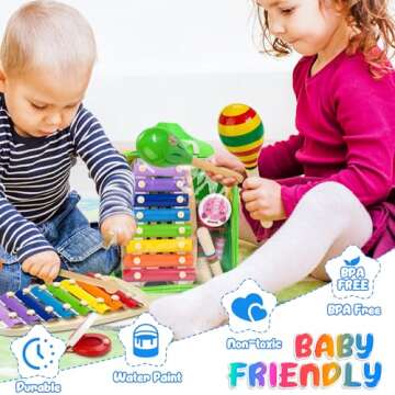 Kids Musical Instruments, Wooden Musical Toys Set for Toddlers with Xylophone Maracas Tambourine, Ed...