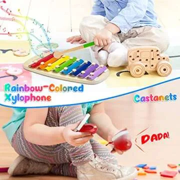 Kids Musical Instruments, Wooden Musical Toys Set for Toddlers with Xylophone Maracas Tambourine, Educational Montessori Toys for 3 4 5 Years Old Girls Boys