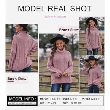 Dokotoo Sweater for Women Winter Clothes Warm Chunky Turtleneck Cowl Neck Balloon Long Sleeve Fall Tops Oversized Cable Knit Sweaters Long Tunic Pullover Jumpers Pink M