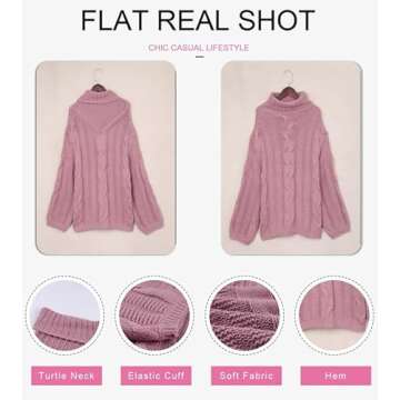 Dokotoo Sweater for Women Winter Clothes Warm Chunky Turtleneck Cowl Neck Balloon Long Sleeve Fall Tops Oversized Cable Knit Sweaters Long Tunic Pullover Jumpers Pink M
