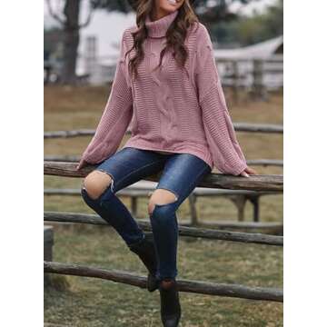 Dokotoo Sweater for Women Winter Clothes Warm Chunky Turtleneck Cowl Neck Balloon Long Sleeve Fall Tops Oversized Cable Knit Sweaters Long Tunic Pullover Jumpers Pink M