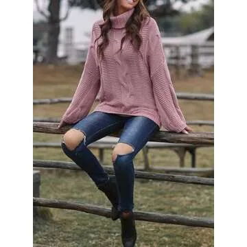 Dokotoo Sweater for Women Winter Clothes Warm Chunky Turtleneck Cowl Neck Balloon Long Sleeve Fall Tops Oversized Cable Knit Sweaters Long Tunic Pullover Jumpers Pink M