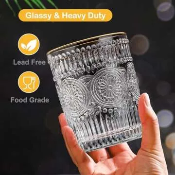 MOLADRI Vintage Drinking Glasses Set of 4 Retro Gold Rim