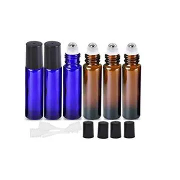 HINNASWA Essential Oil Roller Bottles, Empty Refillable Roll on Glass Bottles, Leak proof Glass Bottle, Stainless Steel Balls for Essential Oil (Amber, Blue)
