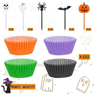 150 Pieces Halloween Picks Set 50 Plastic Halloween Cupcake Topper Pumpkin Ghost Cupcake Toothpicks with 100 Paper Cupcake Liners Muffin Wrappers Baking Cups for Kids Birthday Halloween Party Supplies