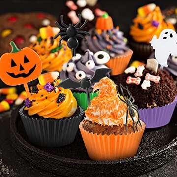 150 Pieces Halloween Picks Set 50 Plastic Halloween Cupcake Topper Pumpkin Ghost Cupcake Toothpicks with 100 Paper Cupcake Liners Muffin Wrappers Baking Cups for Kids Birthday Halloween Party Supplies