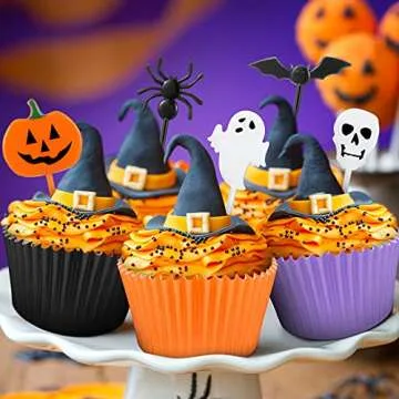 150 Pieces Halloween Picks Set 50 Plastic Halloween Cupcake Topper Pumpkin Ghost Cupcake Toothpicks with 100 Paper Cupcake Liners Muffin Wrappers Baking Cups for Kids Birthday Halloween Party Supplies