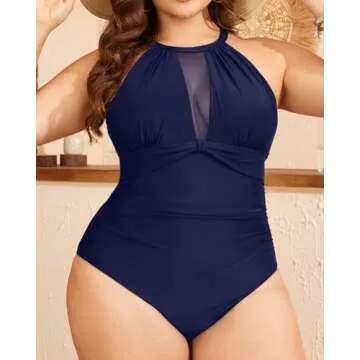 Tempt Me Women One Piece Swimsuit Navy Blue High Neck Mesh Ruched Swimwear L