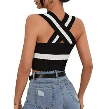 SweatyRocks Women's Sleeveless Criss Cross Rib Knit Halter Crop Top Colorblock Tank Tops Black White...