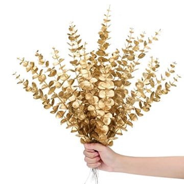 Waydress 20 Pieces Gold Artificial Eucalyptus Stems – Perfect for Crafts and Decor