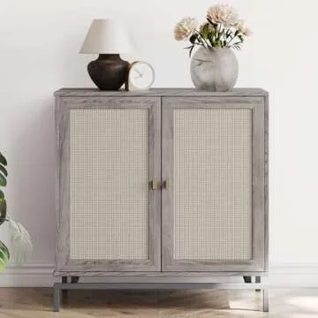 BELLEZE Sideboard Buffet Cabinet, Storage Cabinet with Rattan Doors & Metal Base Buffet Table with Adjustable Shelves Accent Cabinet Credenza for Hallway Living Room Office, Gray