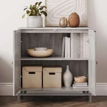 BELLEZE Sideboard Buffet Cabinet, Storage Cabinet with Rattan Doors & Metal Base Buffet Table with Adjustable Shelves Accent Cabinet Credenza for Hallway Living Room Office, Gray