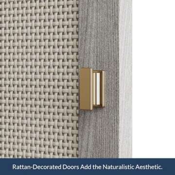 BELLEZE Sideboard Buffet Cabinet, Storage Cabinet with Rattan Doors & Metal Base Buffet Table with Adjustable Shelves Accent Cabinet Credenza for Hallway Living Room Office, Gray