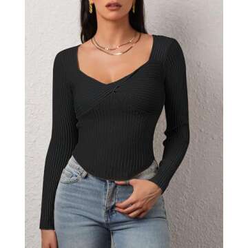 CHYRII Womens Sexy Fall Fashion Twisted Tops Ribbed Knit Winter Pullover Sweater Going Out Crop Tops Black S