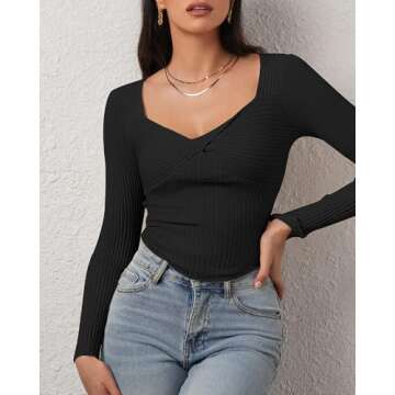 CHYRII Womens Sexy Fall Fashion Twisted Tops Ribbed Knit Winter Pullover Sweater Going Out Crop Tops Black S