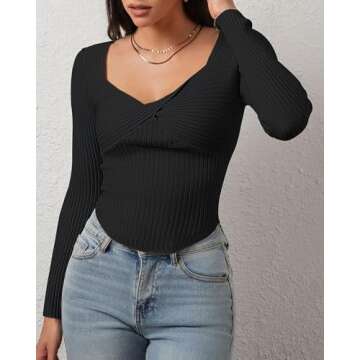 CHYRII Womens Sexy Fall Fashion Twisted Tops Ribbed Knit Winter Pullover Sweater Going Out Crop Tops Black S