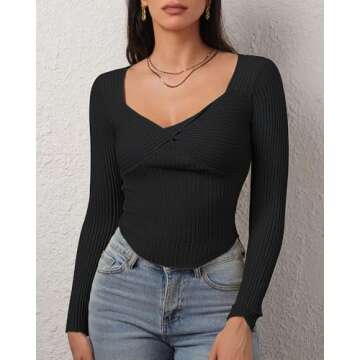 CHYRII Womens Sexy Fall Fashion Twisted Tops Ribbed Knit Winter Pullover Sweater Going Out Crop Tops Black S