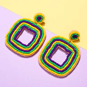 XOCARTIGE Beaded Drop Earrings Multicolored Seed Bead Earrings for Women Bohemia Statement Square Be...
