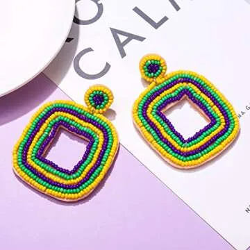 XOCARTIGE Beaded Drop Earrings Multicolored Seed Bead Earrings for Women Bohemia Statement Square Bead Hoop Dangle Earrings for Wedding Party Vacation (Mardi Gras Color)