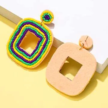 XOCARTIGE Beaded Drop Earrings Multicolored Seed Bead Earrings for Women Bohemia Statement Square Bead Hoop Dangle Earrings for Wedding Party Vacation (Mardi Gras Color)