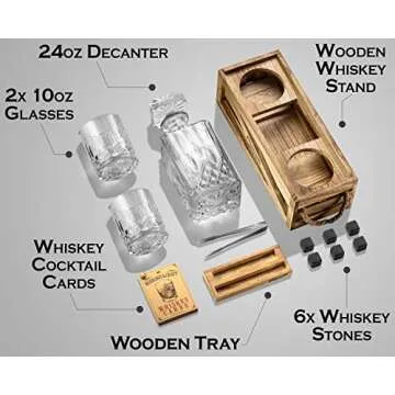 Whiskey Stones Gift Set for Men | Whiskey Decanter with Glasses Set and Wood Stand, 6 Granite Whiske...