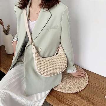 RTGGSEL Boho Summer Retro Women's Straw Rattan Beach Tote Bag Crossbody Shoulder Bags Hobo Underarm Handbag Straw Purse (White)