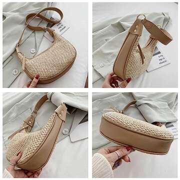 RTGGSEL Boho Summer Retro Women's Straw Rattan Beach Tote Bag Crossbody Shoulder Bags Hobo Underarm Handbag Straw Purse (White)