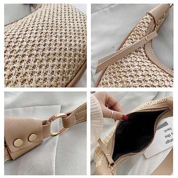 RTGGSEL Boho Summer Retro Women's Straw Rattan Beach Tote Bag Crossbody Shoulder Bags Hobo Underarm Handbag Straw Purse (White)