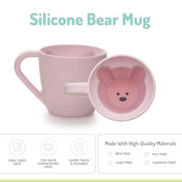 melii Silicone Bear Mug for Toddlers and Kids - Durable Food-Grade BPA-Free Cup for Hot and Cold Beverages - Fun Bear-Shaped with Easy-Grip Handle, Dishwasher Safe - Pink