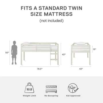 DHP Milton Twin Loft Bed, White, Traditional Small Space Junior Size, Horizontal Paneling, Sturdy Wood Construction