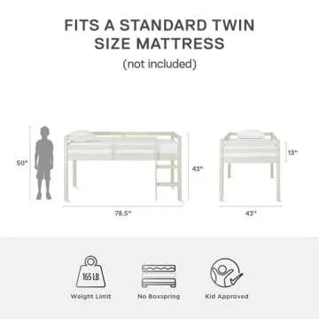DHP Milton Twin Loft Bed, White, Traditional Small Space Junior Size, Horizontal Paneling, Sturdy Wood Construction
