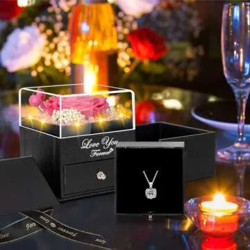 Lebana Preserved Pink Real Rose with Heart I Love You Necklace -Eternal Flowers Rose Birthday Gifts for Her Mom Wife Girlfriend Grandma on Valentines Mothers Day Christmas Anniversary Romantic-Pink